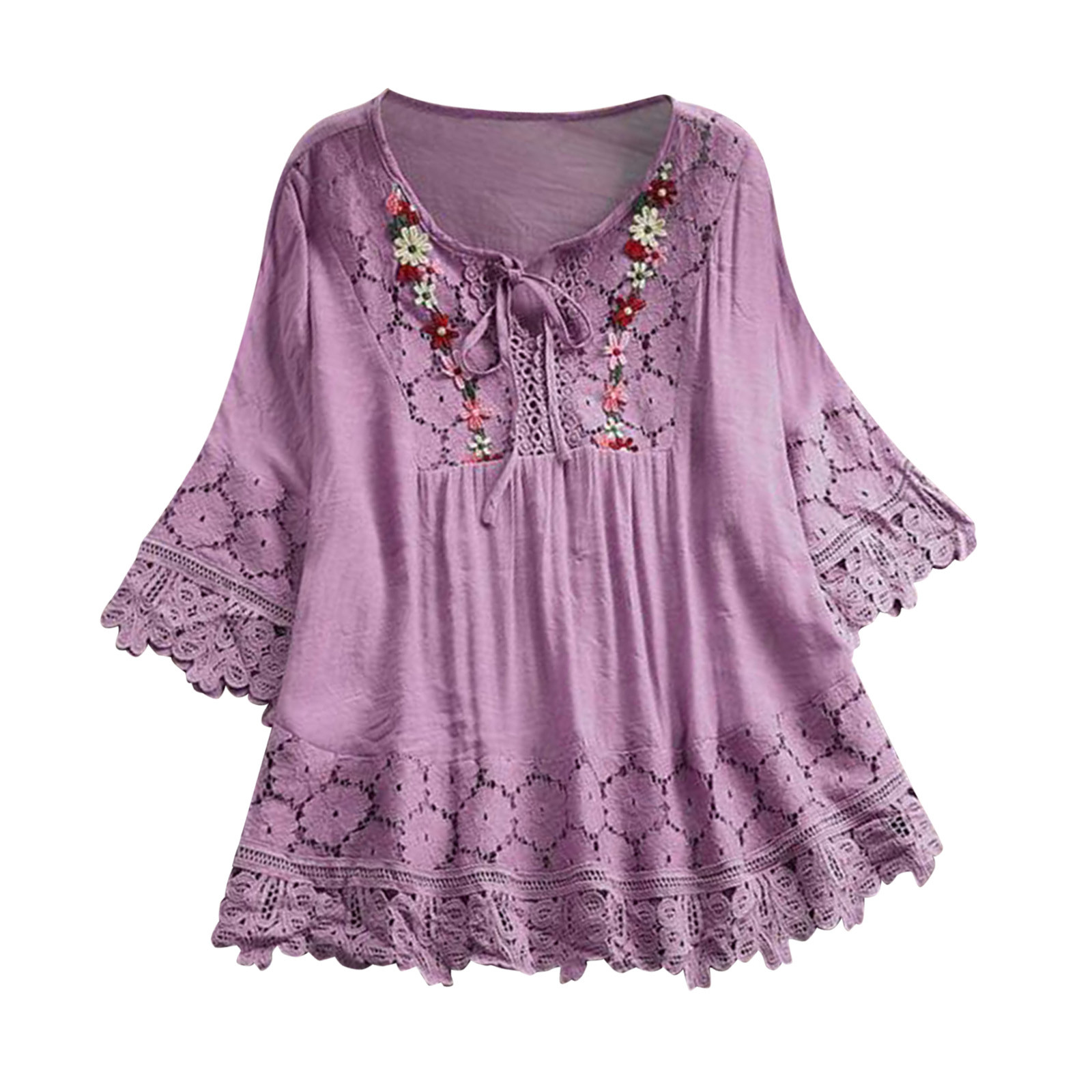thumbnail image 2 of Blusa vintage de encaje con cuello en V y mangas 3/4 para mujer - Poliéster, corte holgado, 2 of 8